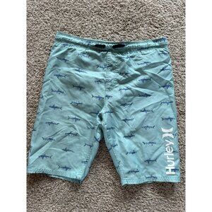 Hurley Boys Shark Swarm Board Shorts Size Large Swim Trunks Blue Teal